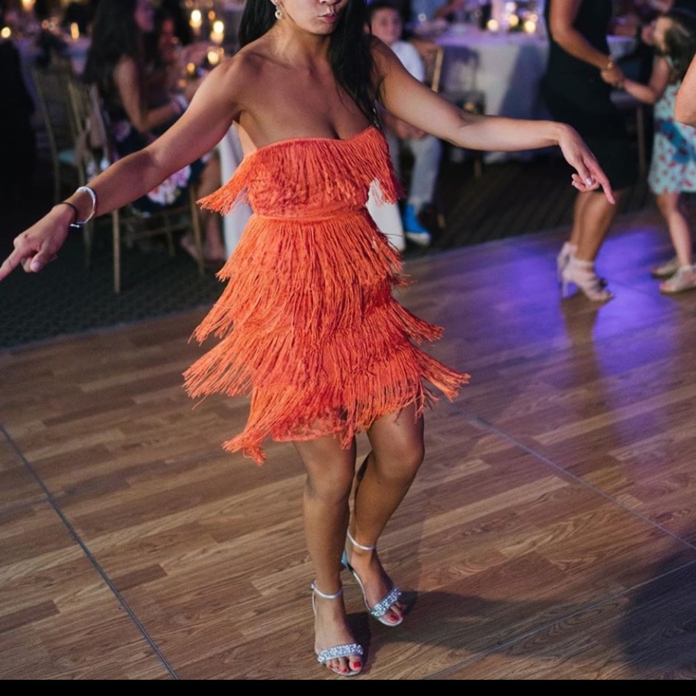 ASOS Coral Strapless Fringe Mini Dress